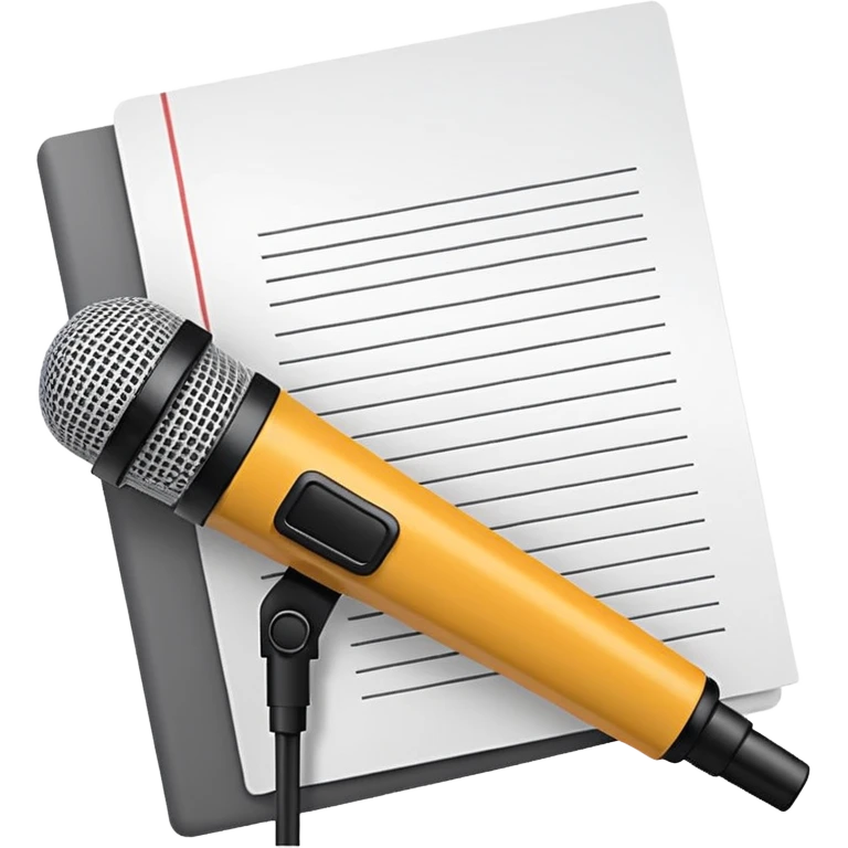 minimalist, flat iconography design; suitable to be used as an emoji/reaction in chat: a document with a folded corner and horizontal lines, outlined in a brick pattern. At the top center of the document is an icon indicating ai. In front of the document a microphone icon emoji