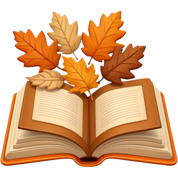 A cute 3D emoji of an open book with autumn leaves around it, cozy fall colors (orange, brown, beige), playful and modern style, glossy finish, minimalistic but expressive, symbolizing a Fall Reading Challenge. emoji
