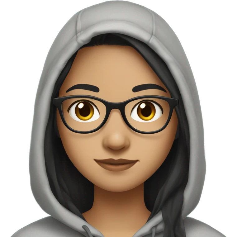 Pretty girl with light skin , Black long hair,big brown eyes,in a light grey hoodie,with a pair of black glasses  emoji