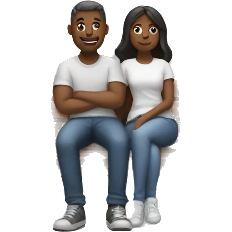 Couple sitting together on a bench surrounded by heart doodles emoji
