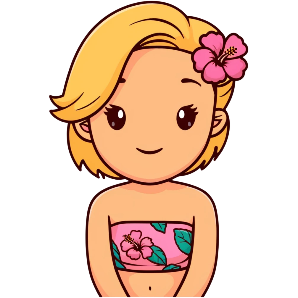 tan girl with dark brown hair and blonde highlights with a hibiscus flower in her hair wearing a pink tube top with tan lines showing emoji