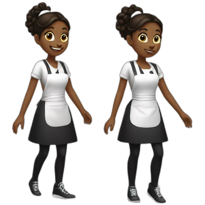 girl in a white T-shirt and a completely black apron dances emoji