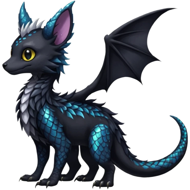 Feral Rare Fantasy Darkg gothic spooky  sparkly shiny Draco-Vernid-Trico-species by LiLaiRa, random markings, tufted tail, tufted ears, full body emoji