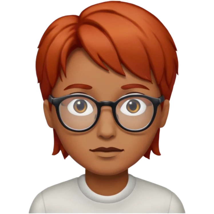 Cabelo vermelho ,pele parda  , olhos pretos e usando óculos  emoji