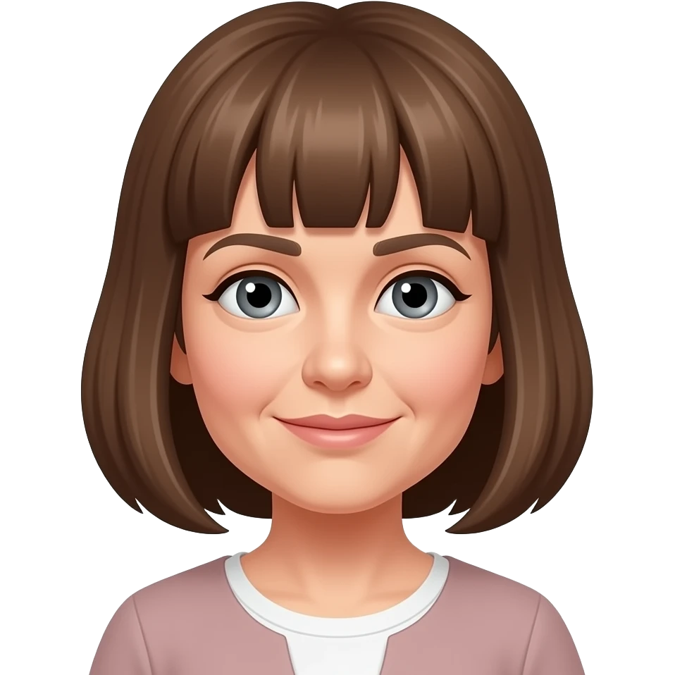 older woman with brown hair and bangs, grey eyes emoji
