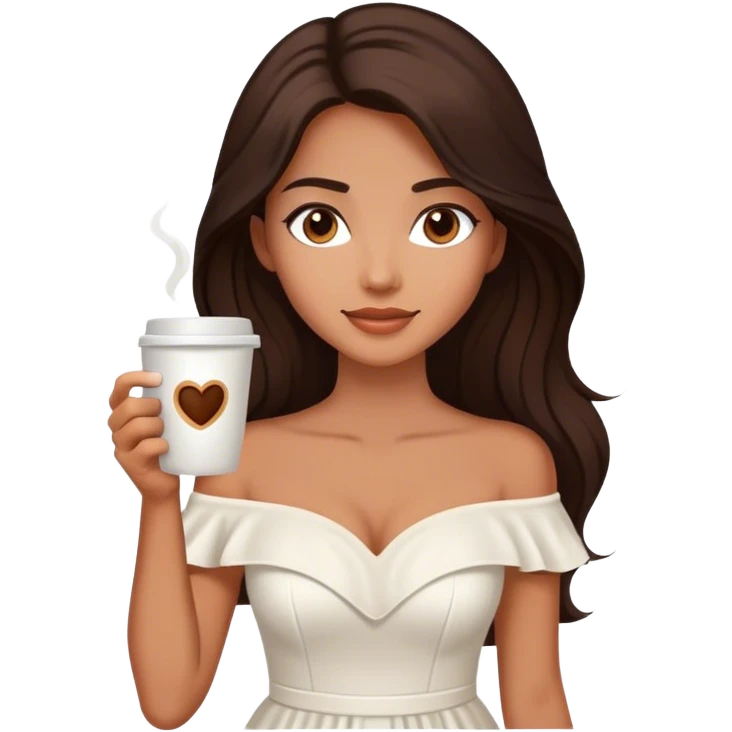 Beautiful woman in 1950’s woman fashion look, off-shoulder white dress, long dark brown hair, coffee emoji