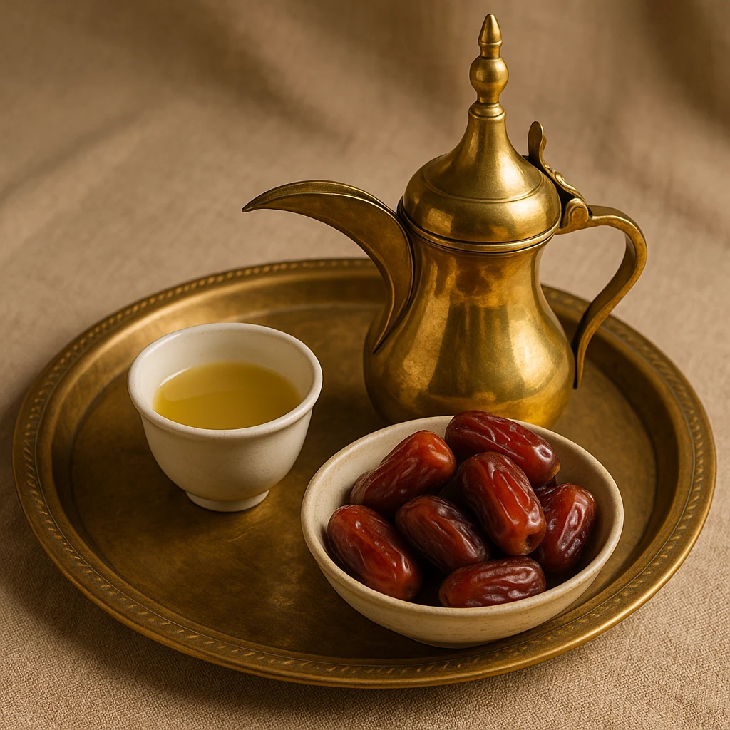 Saudi coffee with dates served on a tray, inviting and cultural emoji