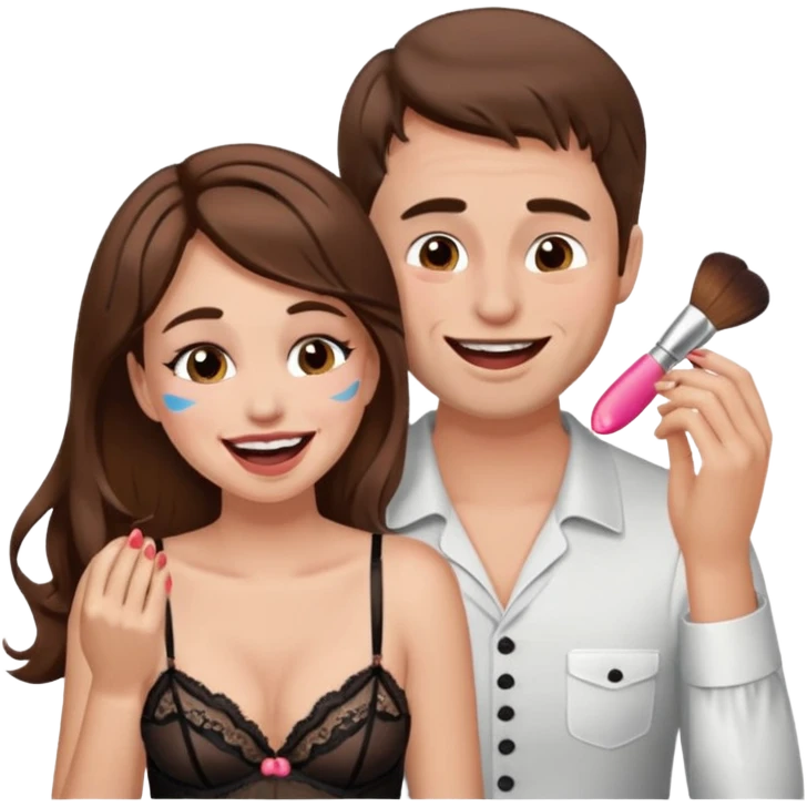 brown hair male getting sissified in lingerie dress by his wife. the wife is crying with laughter. she is doing the males makeup emoji