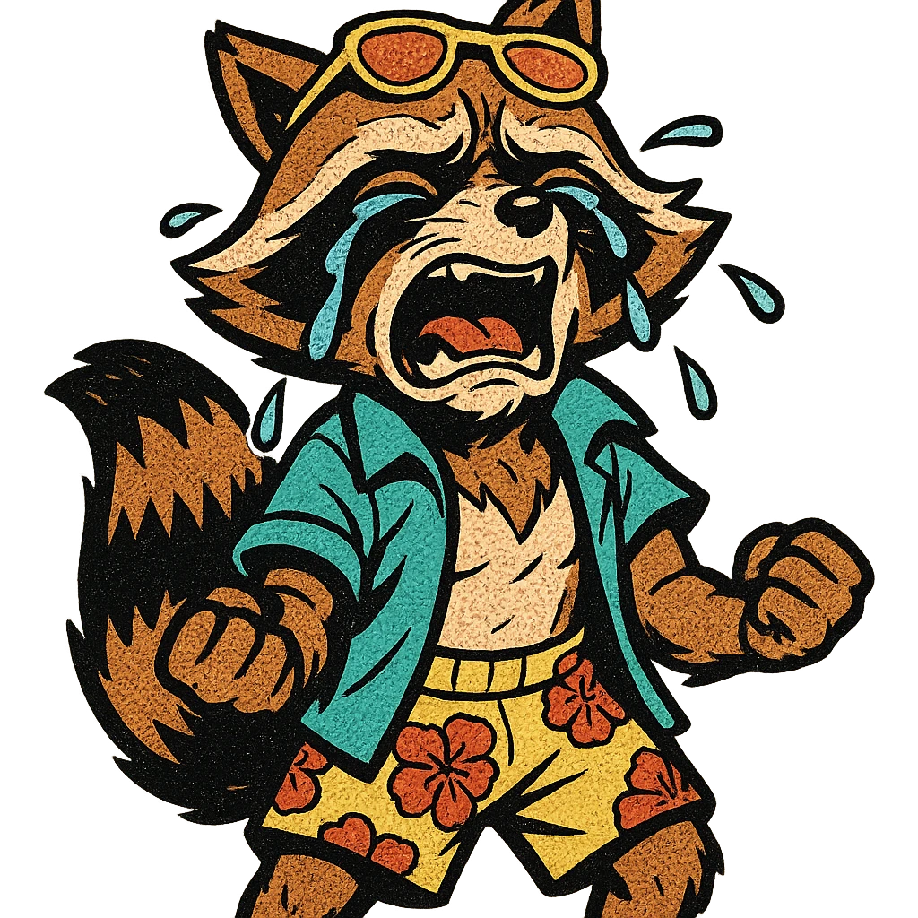 Rocket Raccoon Marvel Rivals summer skin, comic book style, crying, no background, based on attached reference emoji
