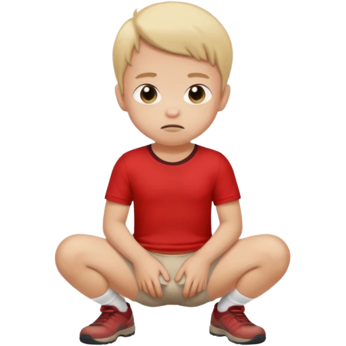 A kid wearing a poopy underwear with a red t-shirt squatting down emoji