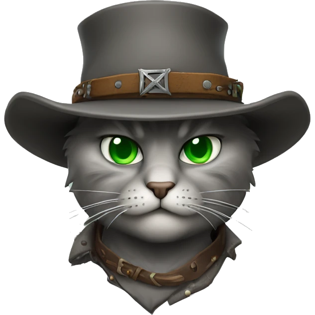 angry gray cat with green eyes dressed like an old west outlaw emoji