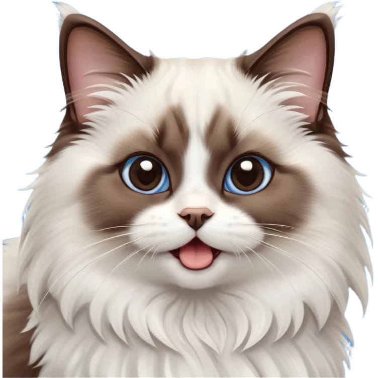 cinematic-adorable-big-eyed-fluffy-dark brown and white ragdoll-cat-portrait-emoji,-head-tilted-playfully-with-a-cute,-yawn,-soft-brown-and white-colored-fur-with-darker-points-on-the-ears,-simplified-yet-irresistibly-cute-features, sparkling blue eyes emoji