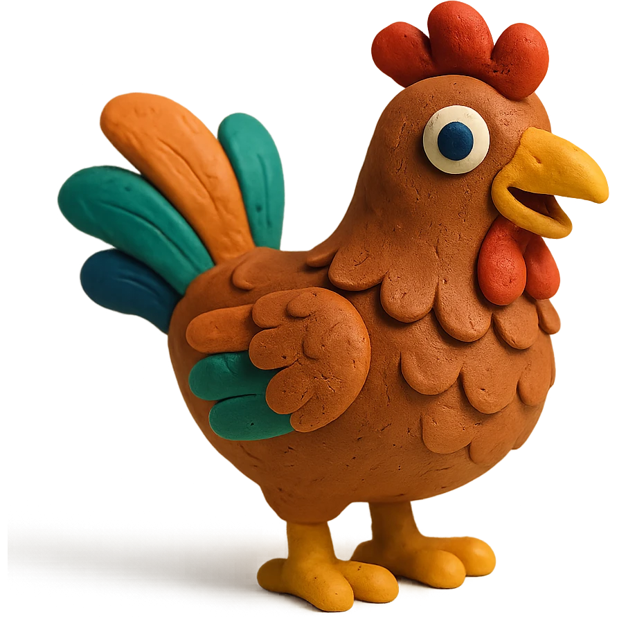hen with colorful feathers and playful expression in claymation style emoji