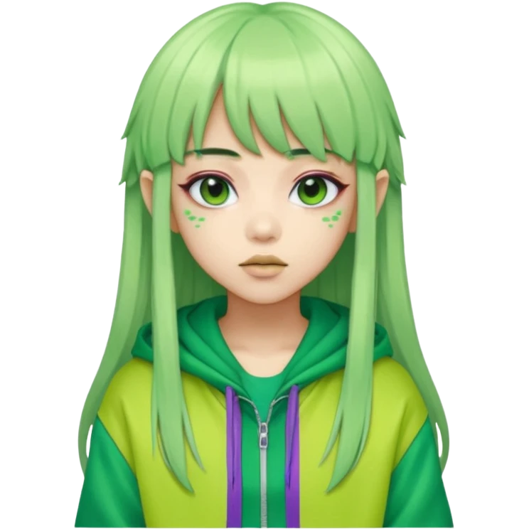  portrait-of-a-green-skin-alien-k-pop-idol,-wearing-a-stylish-streetwear-outfit-with-layered-colorful-clothing,-long-hair-with-bangs,-makeup,- emoji