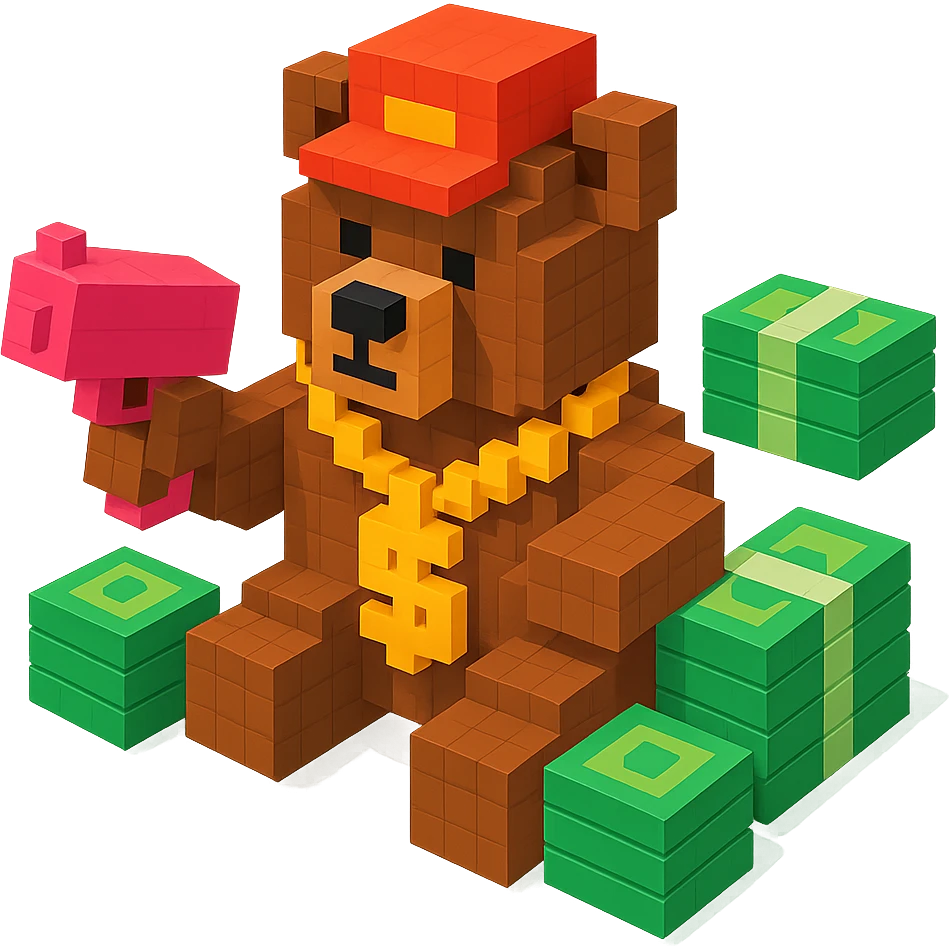 Russian grizzly bear with a rapper chain and a money gun, surrounded by stacks of money emoji