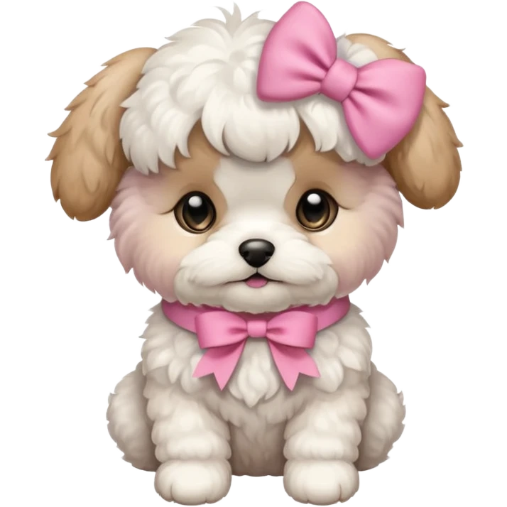 Schichon puppy sitting, wearing a pink bow emoji