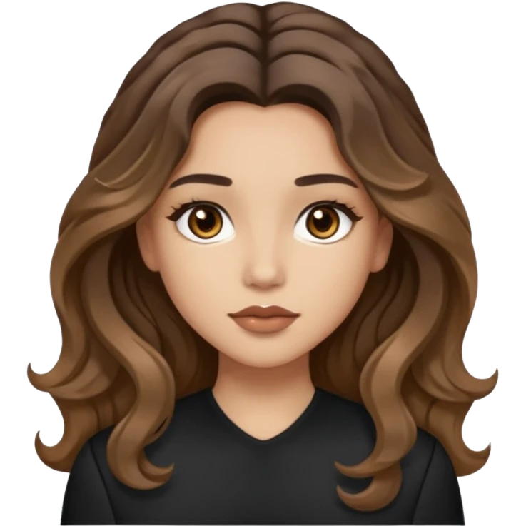 brown balayage hair long wawy (not to much curly/not afro), light skin tone, brown eyes, not too skinny, black outfit, beauty mark on  the left side of the face next to the lip

 emoji
