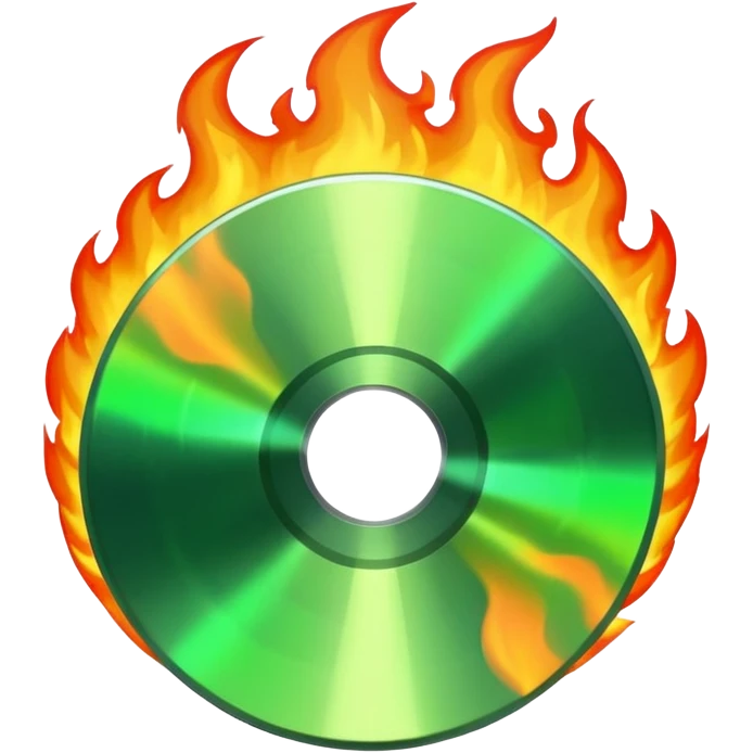 A CD disc with a fiery design, green fire emoji