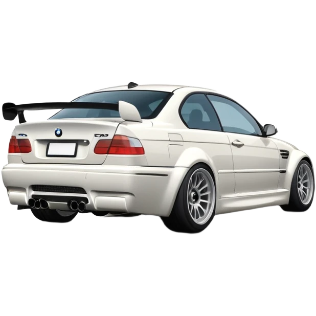 

A white BMW M3 E46, seen from behind at a certain angle, is drifting through a corner; the wheels are not straight, they are changing according to the rotation of the drift. emoji