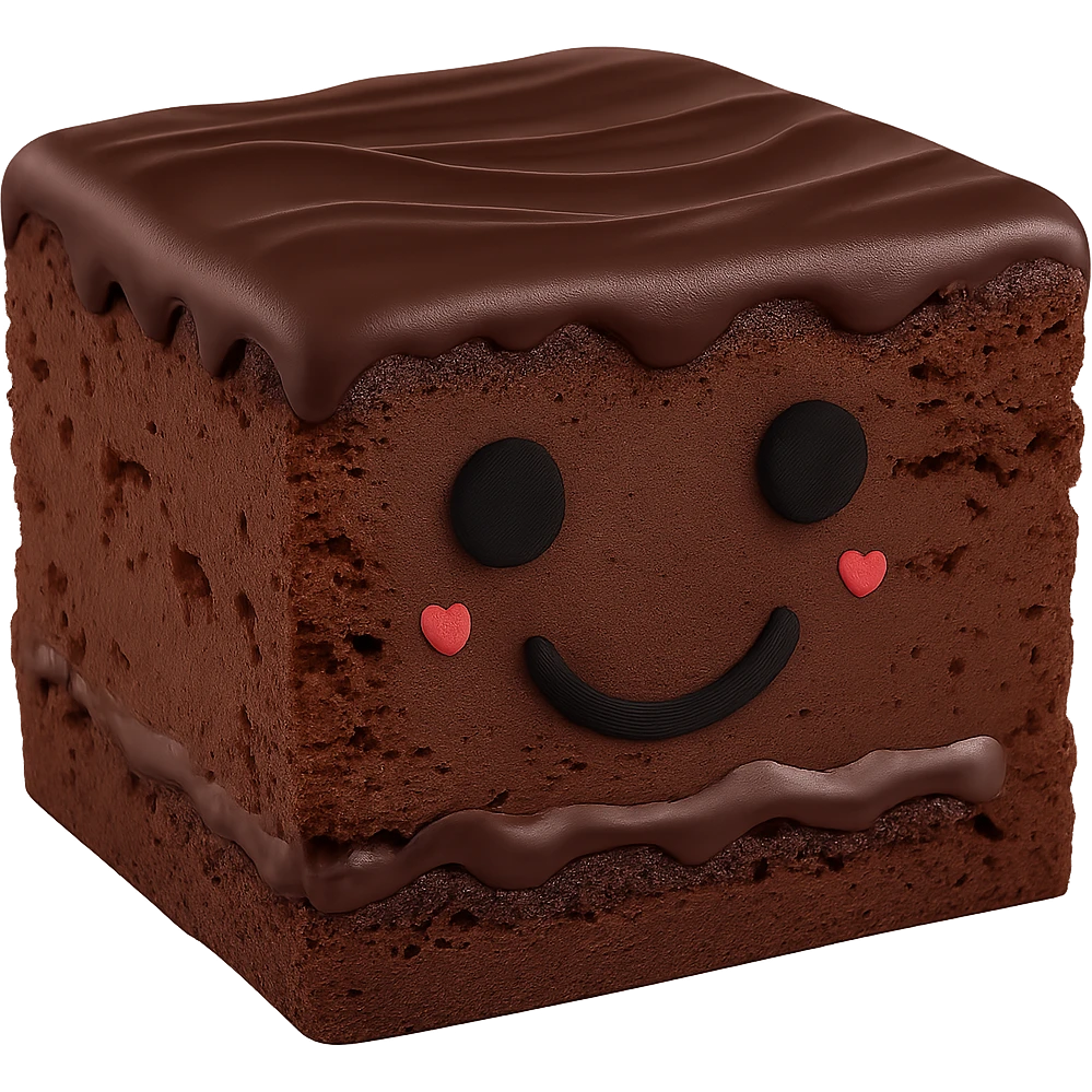 Make the chocolate sauce on top a bit darker. Keep the brownie short and rectangular, with the black smiley face and both black eyes, and maintain the transparent background. The style should resemble the original image's look and feel. emoji
