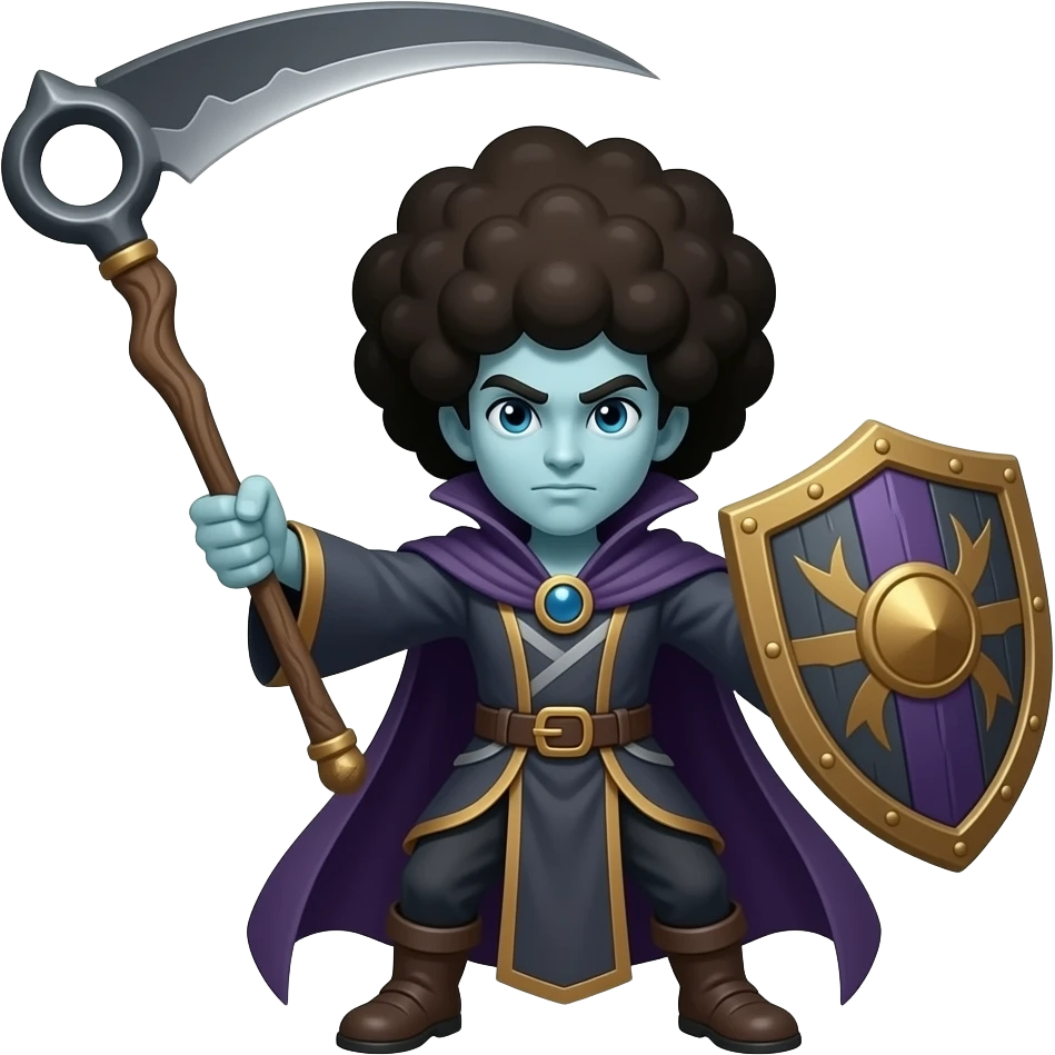 Necromancer guy with afro with scythe and shield, beating a mage emoji