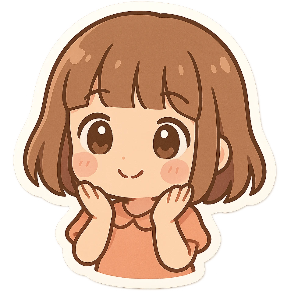 cute girl with blunt bangs, mid-short hair, big eyes, 3D chibi style emoji