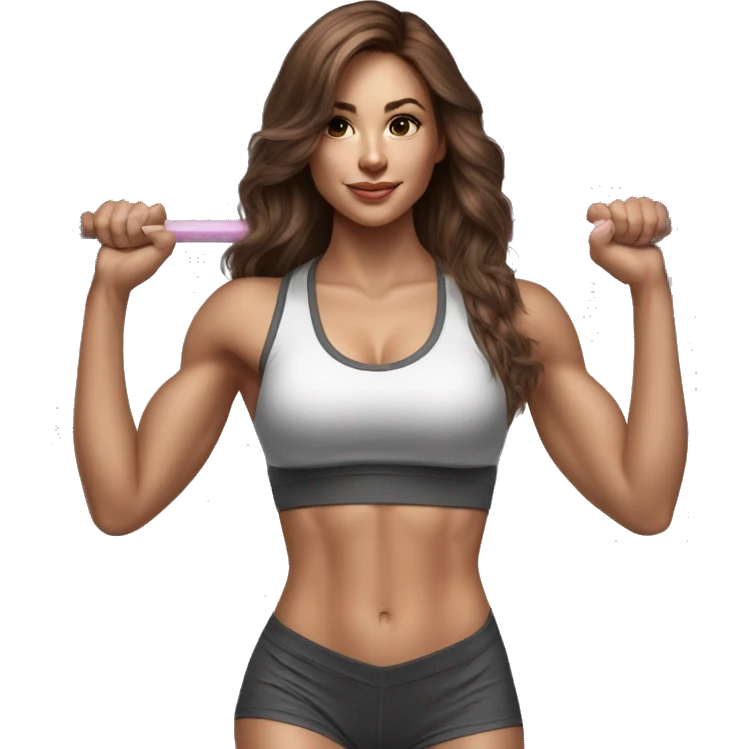 Hyperrealistic pencil drawing of athletic sexy girl in full height with brown hair and barbell emoji