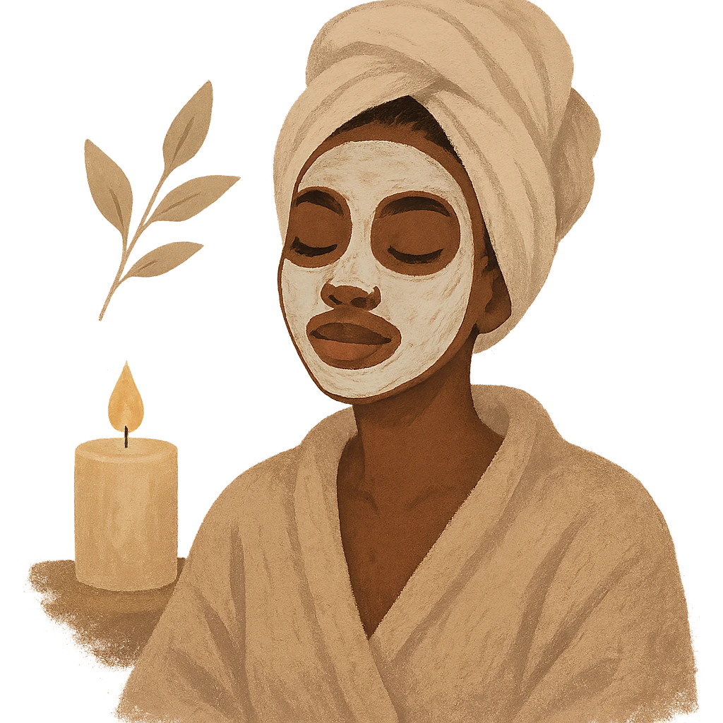 self care aesthetic, black girl with brown skin, relaxing with a face mask and towel, cozy and serene atmosphere emoji