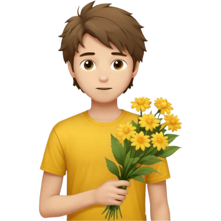 generate an ios genmoji of a 20 year old fair boy with brown long and messy hair with faint stubble. should look like he cant grow a mustache., carrying a flower bouquet, wearing a yellow tshirt, looking shy emoji