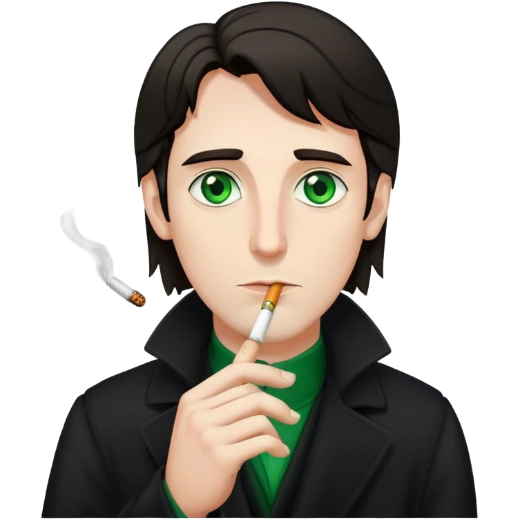 Dark-haired, pale, long-haired man with a long face, green eyes, wearing a long black coat and holding a cigarette in his hand emoji