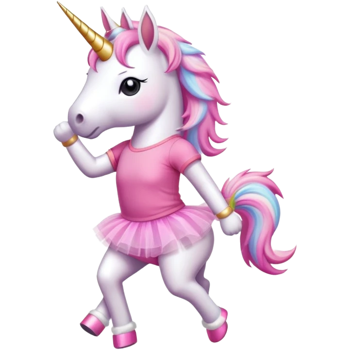 anthropomorphised female unicorn in tutu and pink t-shirt jogging upright standard pose emoji