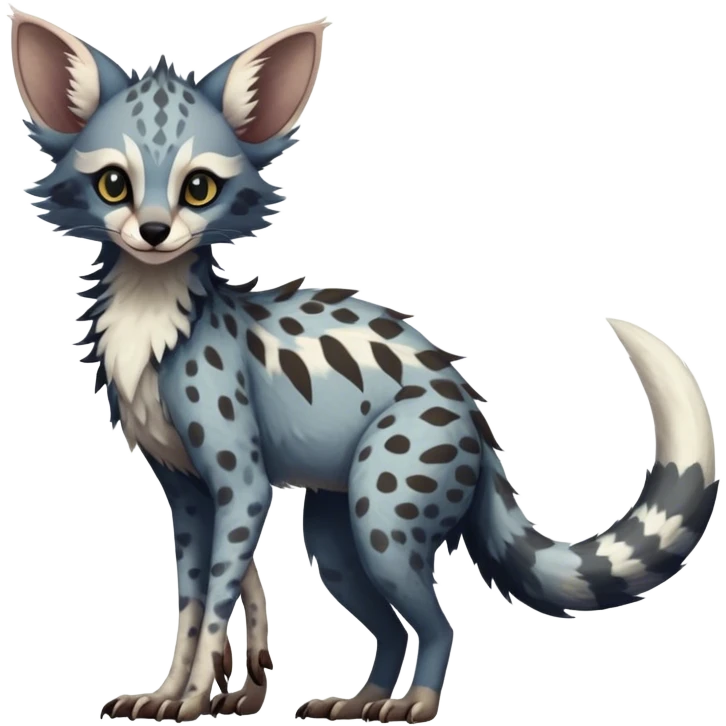 Feral Rare Fantasy dark tropical Vernid-Sergal-Genet-Trico-species by LiLaiRa, random markings, tufted tail, tufted ears, full body emoji