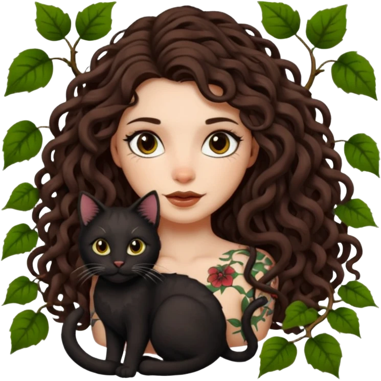 woman with long curly brown hair, brown eyes, white skin, tattoos, black cat tangled in living vines emoji
