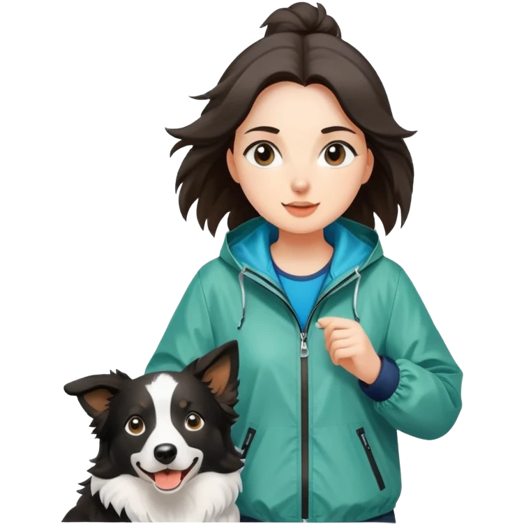 A beautiful girl with fair skin wearing a windbreaker chasing a Border Collie emoji