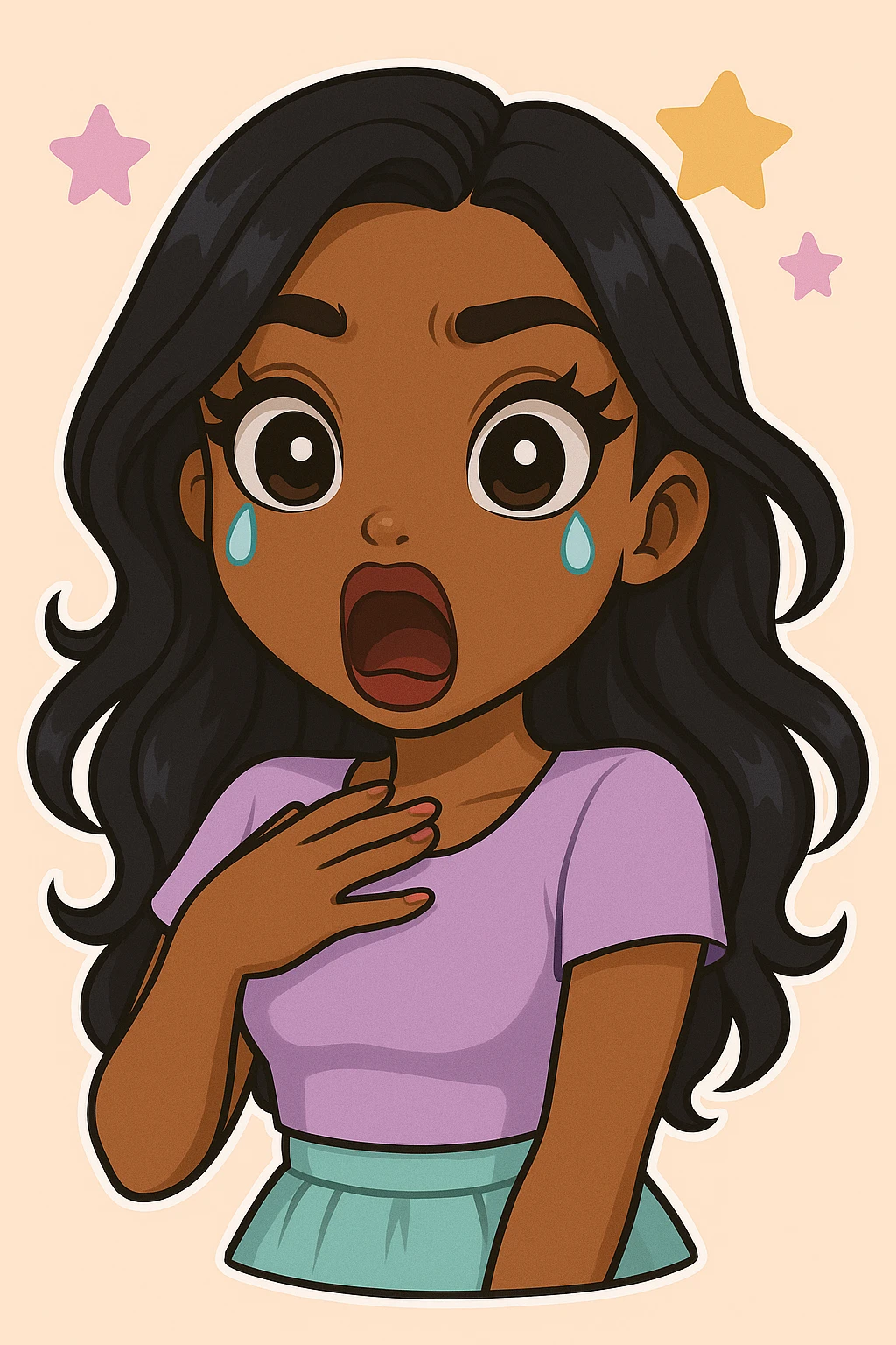 Change her expression to shocked, keep her as a 20-year-old anime Bratz style woman with dark skin, dark hair, cute pastel Y2K look, big expressive eyes, and glossy lips. emoji