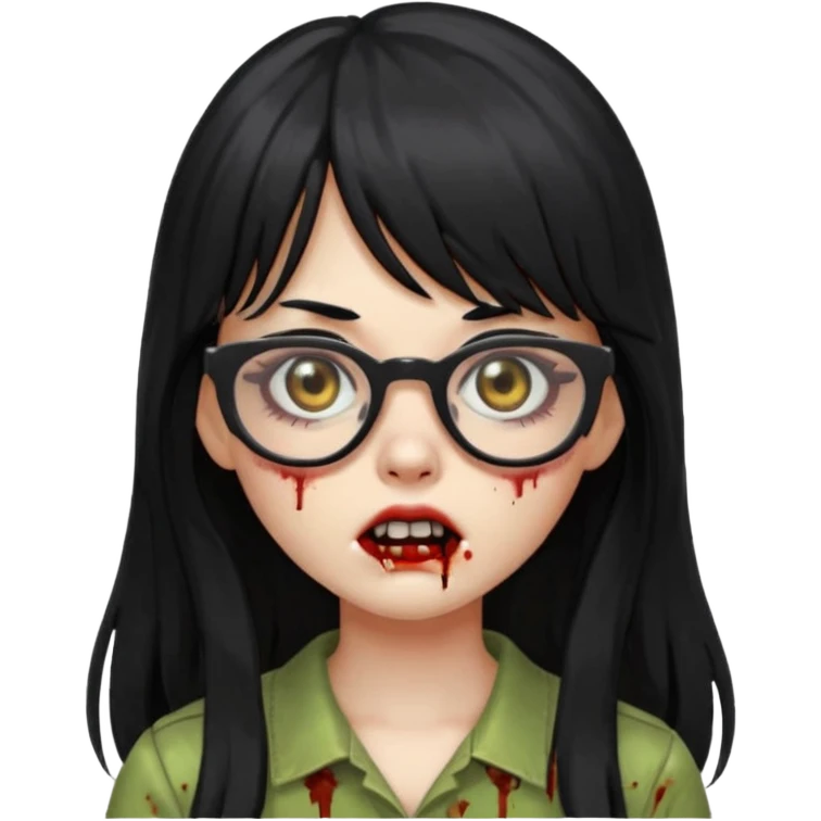 zombie girl with long black hair, bangs, and glasses, apple emoji style emoji