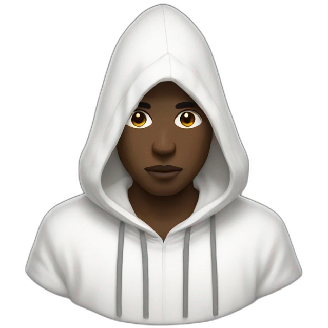 A black man wearing a white hood adorned with short white wool threads emoji