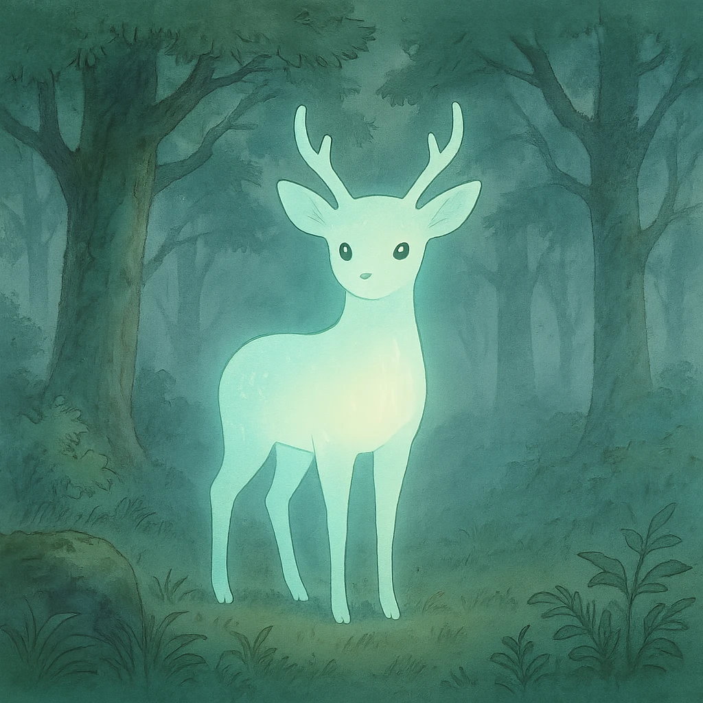 glowing animal-like forest spirit in a misty woodland, ethereal and gentle, ghibli style emoji