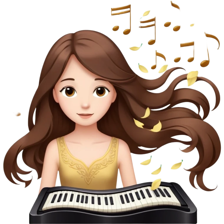 Girl with long brown hair surrounded by soft piano notes and floating petals elegant cute  emoji