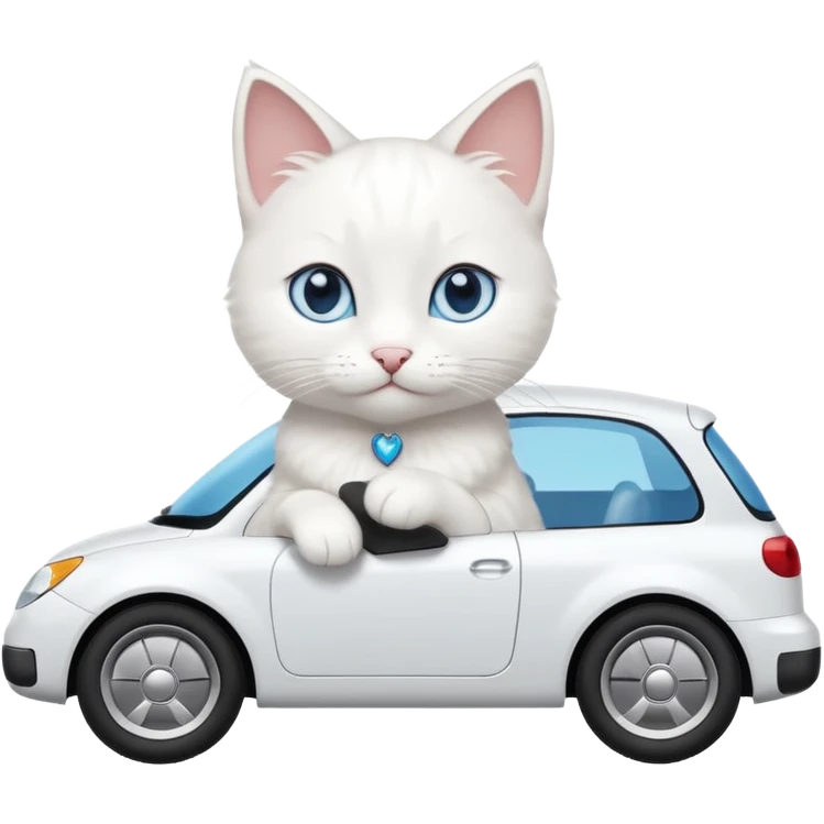Please create a small emoji the size of 🚗 featuring a pure white cat with blue eyes on a white car viewed from side. Again it is necessary that the emoji must be extremely small, much smaller than a standard sized sticker. emoji