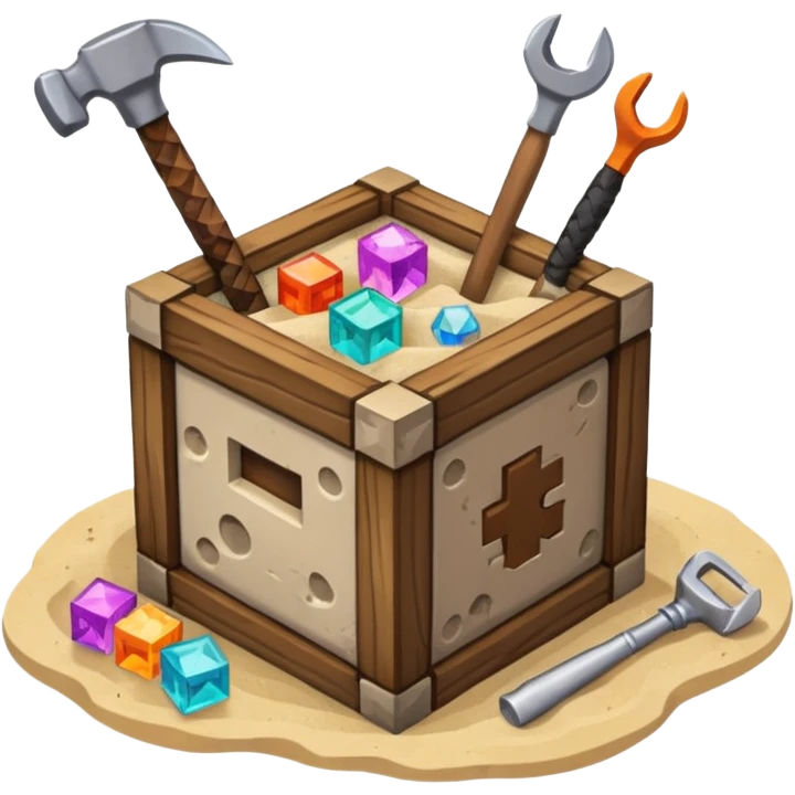 crafting table with tools, stone, wood, glass, sand, ... like a minecraft style cube crafting table emoji