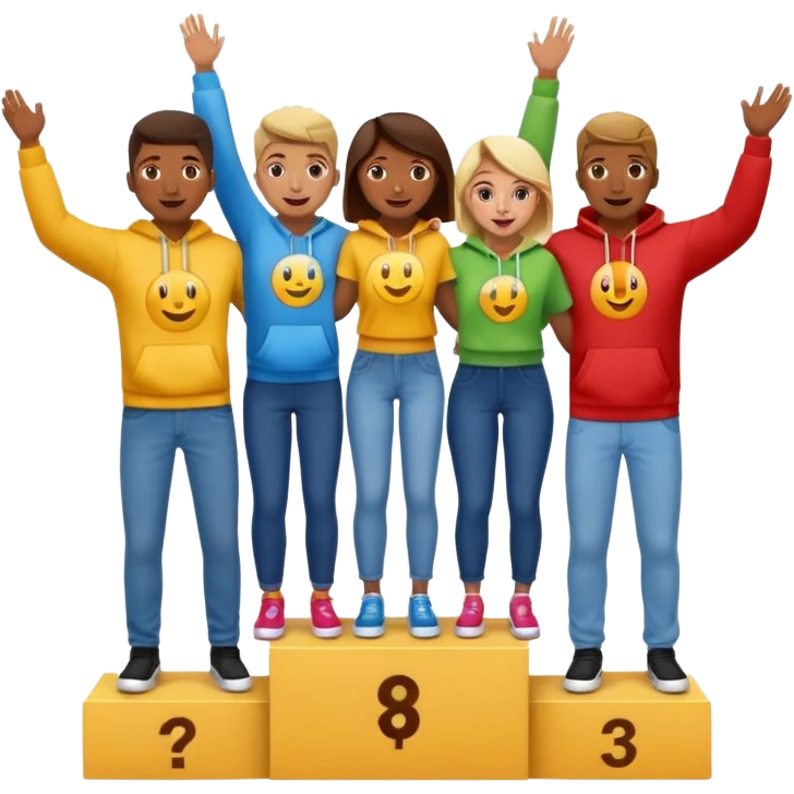 winners’ podium with multi-racial people, brown, middle step higher, no numbers, fun, colorful clothes like jeans, t-shirts, and hoodies, excited, fun, expressive emoji style emoji