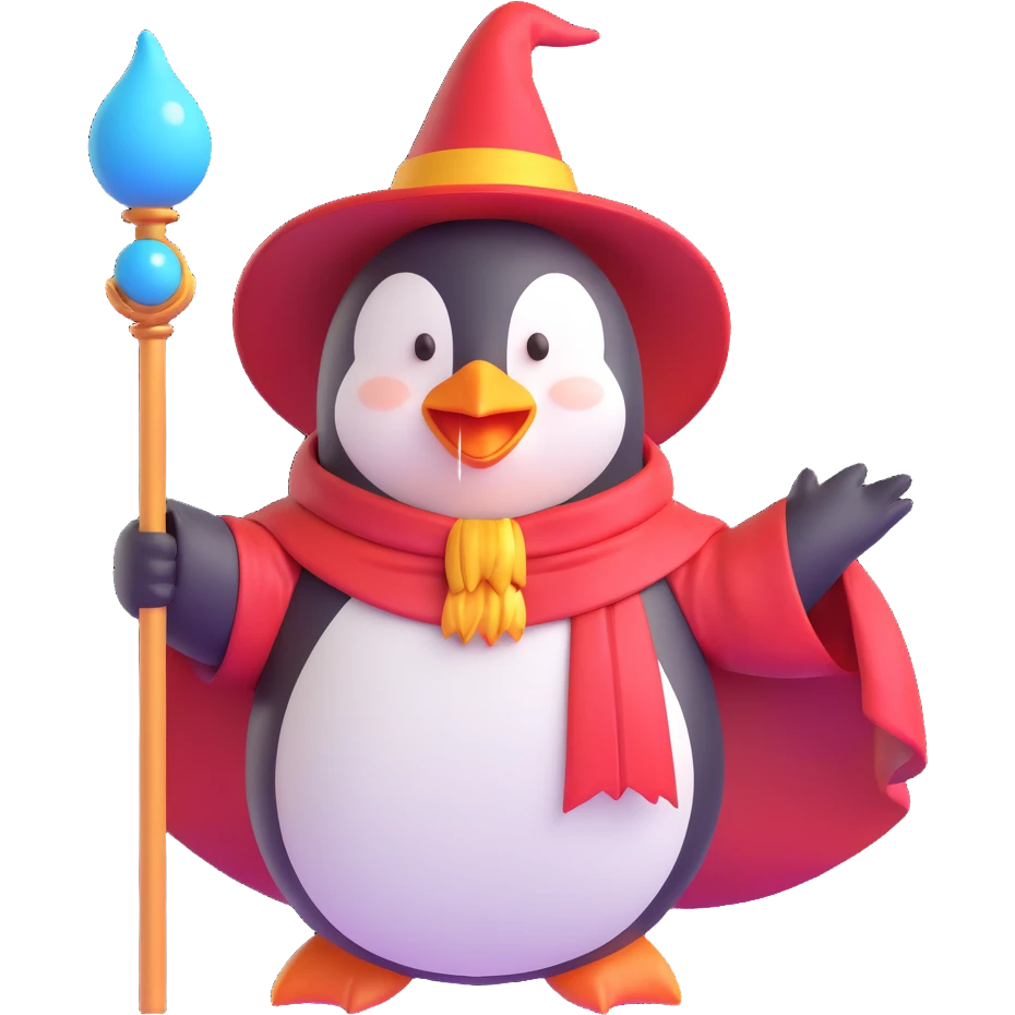 heroic penguin wizard with a flowing cape, staff raised, ready to cast magic, 3D emoji style emoji
