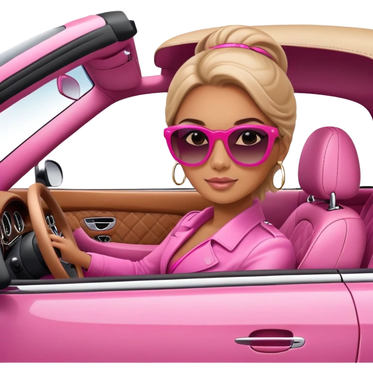 woman driving car pink bentley with sunglasses and badass look emoji
