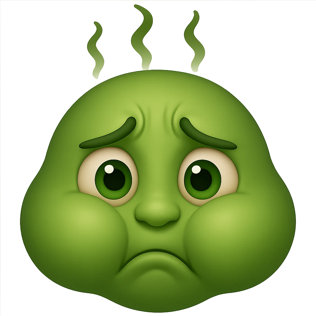 Make the emoji face look nauseous with a greenish tint, cheeks puffed, queasy expression, and wavy stink lines. Remove the background. The style should resemble a typical emoji but focus on the nauseous expression and greenish color. emoji
