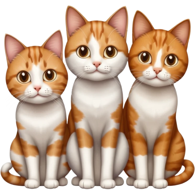 3 sibling cats each are various different natural colours; brown tabby and white, calico, and ginger and white emoji