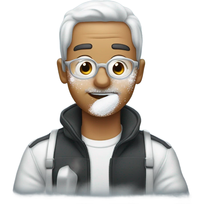 Man with a little powder sugar specs on his nose sniffing powdered sugar on a spoon.  emoji