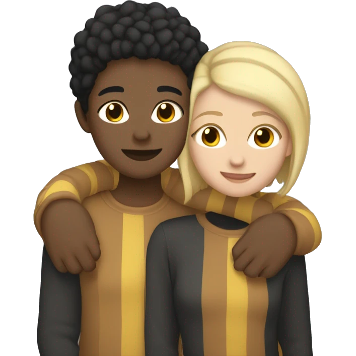hugging lesbian where one wears a stripe yellowish color with slightly blonde hair with septum piercing and the other one wears brown clothes and black hair emoji