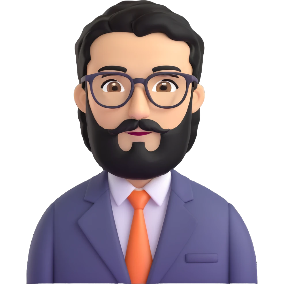 man with medium black beard, black hair, connected unibrow, olive tan skin, brown eyes, glasses, prominent long nose, wearing a professional business suit emoji