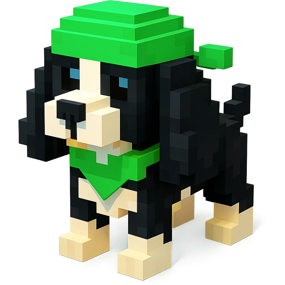 A black and white Russian Cocker Spaniel puppy wearing a green durag, voxel style, standing emoji